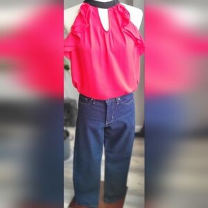 NY Collection Hot Pink Ruffle Sleeve Blouse Keyhole Neck Tie Back Size S Flowy